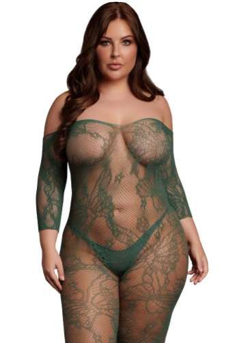 Bodystocking Long-Sleeve And Lace, green - Queen Size