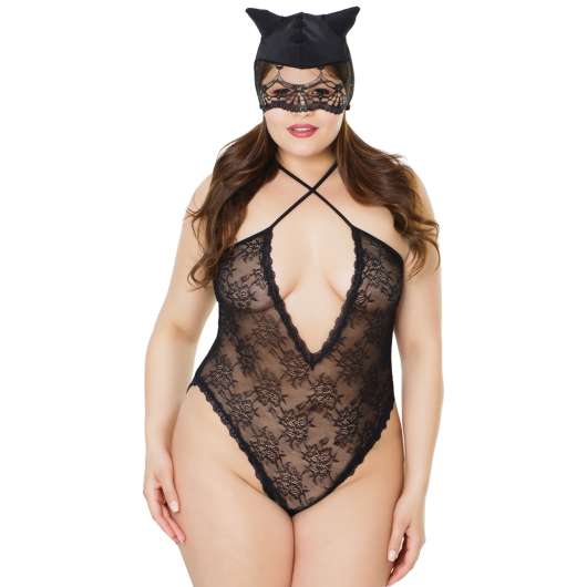 Coquette Kitty Teddy i Spets med Mask Plus Size - Svart - Plus size