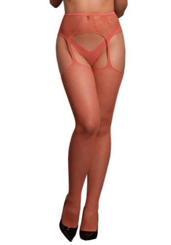 Fishnet and lace garterbelt stockings, red