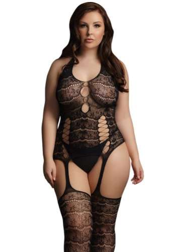 Opaque lace suspender bodystocking - Queen Size